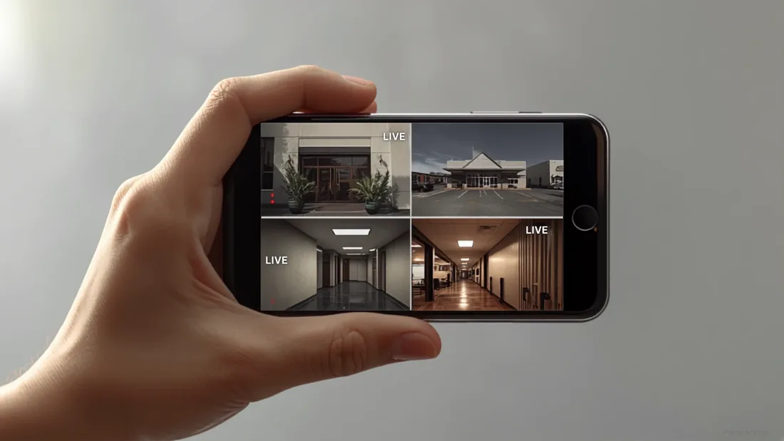 Genggaman tangan memegang smartphone menampilkan live view empat kamera CCTV — pintu masuk, area parkir, dan lorong gedung